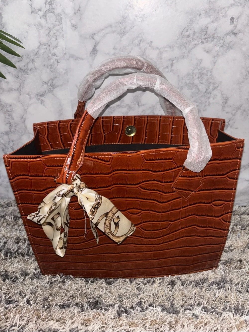 Cognac Croc-Embossed Tote with Scarf Accent